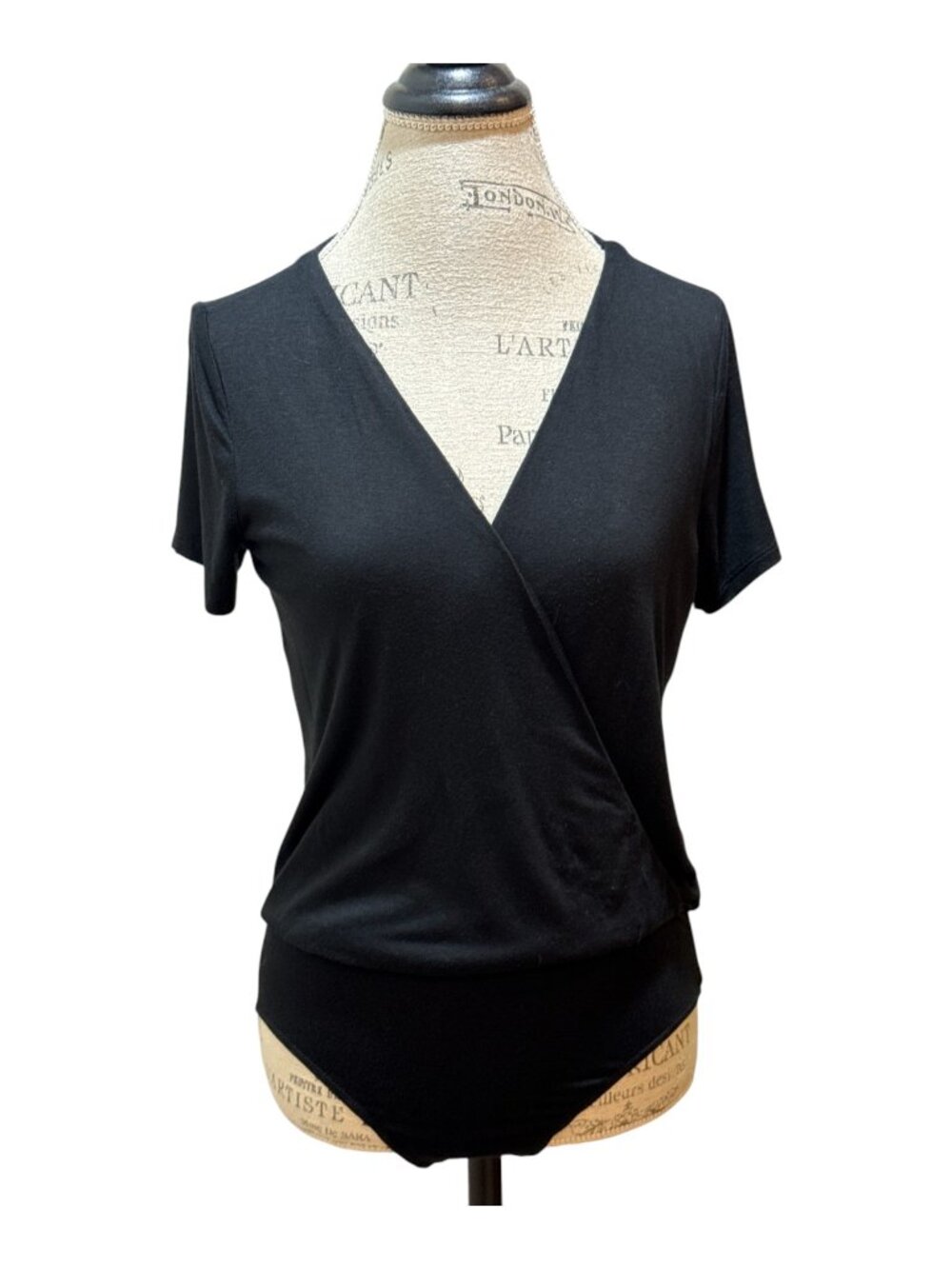 Lulus Sz S Black Faux Wrap V-Neck Short Sleeve Body Suit Top